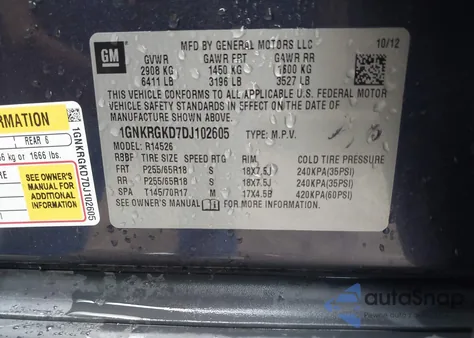 2013 Chevrolet Traverse 1Lt from USA, damaged, VIN 1GNKRGKD7DJ102605